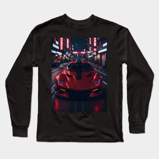 Dark Red Sports Car in Japanese Neon City Long Sleeve T-Shirt